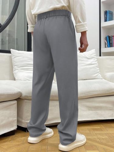 Image of Men's Relaxed Straight Leg Loose Fit Pleated Trousers | Mid-Rise Formal Pants with Zip Fly & Button Closure | Solid Regular Length Office Wear Trousers