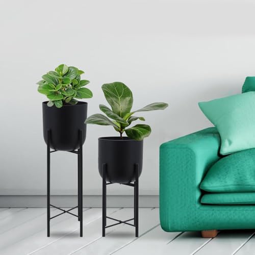 Image of Bee Creative Metal Floor Plant Pot Set of 2 Ideal for Indoor Outdoor Home Decor Round Planter with Metal Plant Stand