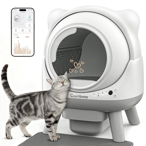 Cavrtbany Automatic Litter Box, Self Cleaning Litter Box, Cat Litter Robot for Multiple Cats, with Smart APP Control and Health Monitoring, Safety Sensors, with Trash Bags, White & Grey