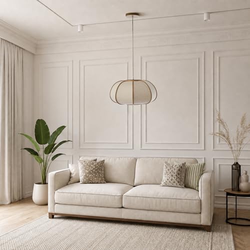 Image of Pendant Light, Boho Bamboo Hanging Light with Adjustable Height | 15 inch Pumpkin Drum Linen Shade, Farmhouse Ceiling Light Fixture for Dining Rooms, Kitchen Islands, Bedrooms, Entryways, E26