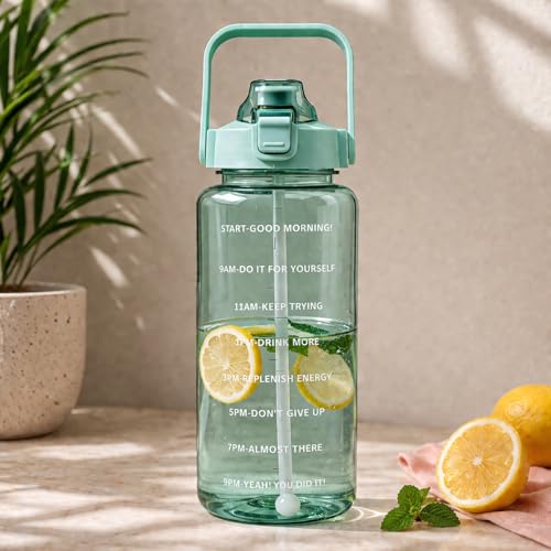 Image of DFIT 2L Transparent Motivational Water Bottle with Motivational Quotes, Time Marker, cute stickers, sippers, Leakproof Durable BPA Free Non-Toxic Plastic Bottle for Fitness, Gym (Green)