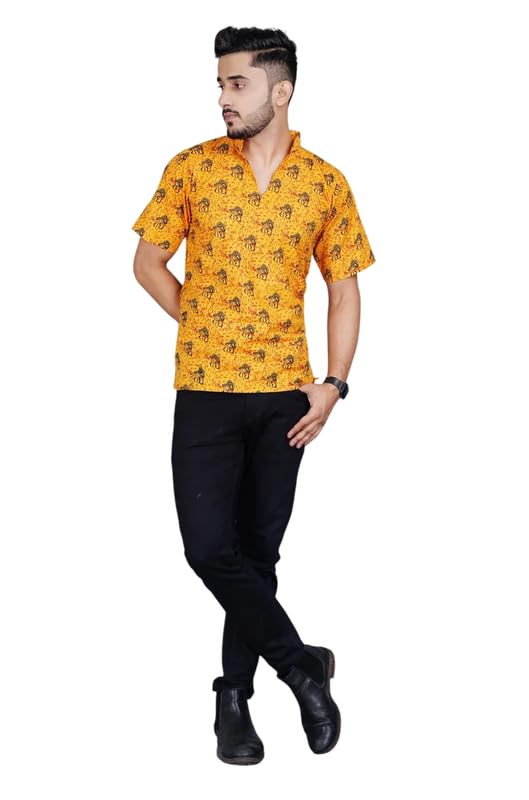 LH - Ladies Haat Cotton Blend Radhey Printed Kurta for Men | Regular Fit Half Sleeve Kurta for Boys | Festival Stylish Latest Short Length Kurta | Spread Collar Devotional Short Kurta-picture-50