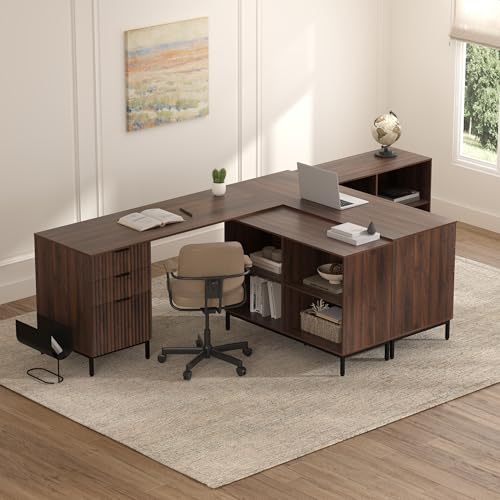Image of EYYTHUNG L Executive Desk with Storage Cabinet, 60 inch Fluted Modern Flexible Home Office Desk, Large Wood Convertible Computer Standing Up Desk with File Drawer, Writing Desk, Brown