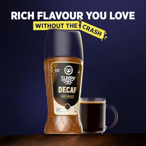 Image of Sleepy Owl Decaf Coffee, 100% Arabica Instant Coffee, Decaffeinated Coffee Powder, No Crash or Jitters, Smooth Taste & Rich Aroma, Make It Hot or Cold, Makes 25 Cups, 55g Jar