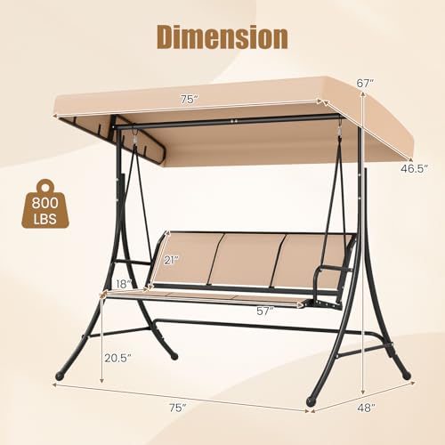 Image of Tangkula 3 Person Porch Swing, Patio Swing with Adjustable Canopy, Heavy-Duty Frame, Breathable Fabric, Outdoor Swing for Porch, Garden, Backyard, Poolside, 800 LBS Max Load