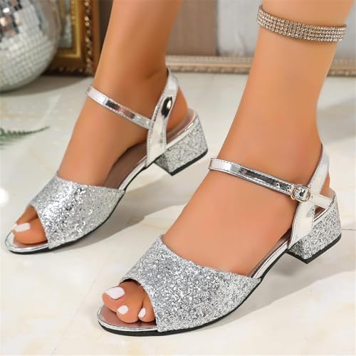 Women's Sequins Chunky Block Heel Sandals Summer Peep Toe Shoes with Buckle for Wedding Prom4