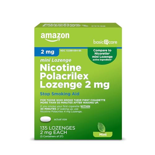 Amazon Basic Care Mini Nicotine Polacrilex Lozenge 2 mg (Nicotine) Stop Smoking Aid Mint Flavor Reduces Cravings 135 Count (Packaging may vary)