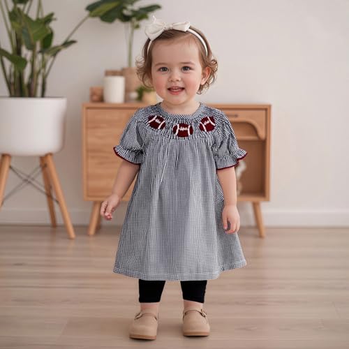 Toddler Girl Football Dress Rugby Bow Embroidery Color Block Short Puff Sleeve Smocked Dress Infant Fall Dresses2