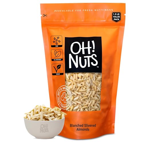 Oh! Nuts Almonds Blanched Slivered - Raw - 100% Natural - 1.5 lb - White Almond Sticks - Packed in New York Zip-Seal Bag for Exceptional Freshness