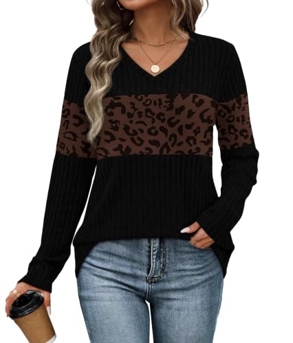 Image of WIHOLL Ladies Jumpers for Womens Long Sleeve Tops V Neck Tunic Casual Lightweight Ladies Tops Leopard XL