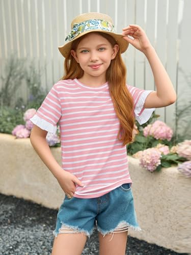 Image of Haloumoning Girls Striped Ruffle Short Sleeve T Shirts Kids Summer Crewneck Tops Casual Tees 5-14 Years