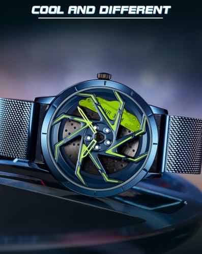 Image of FANMIS Men's Racing Car Wheel Watch 3D Spinning Dial Stainless Steel Watch | Creative 3D Spinning Car Quartz Large Skeleton Face and 30M Water Resistance Designed for Car Fans and Daily Wear.
