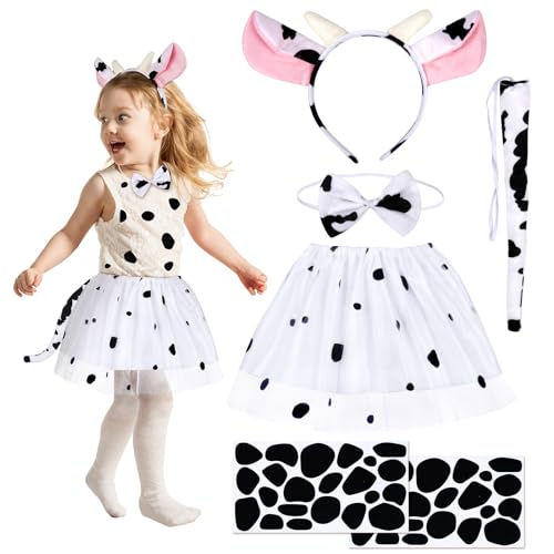 HONMOK 5-Piece Kids Cow Halloween Costume - Outfit with Tutu Skirt, Ears, Bowtie, Tail & Stickers - Fancy Dress for Girls 3-10y