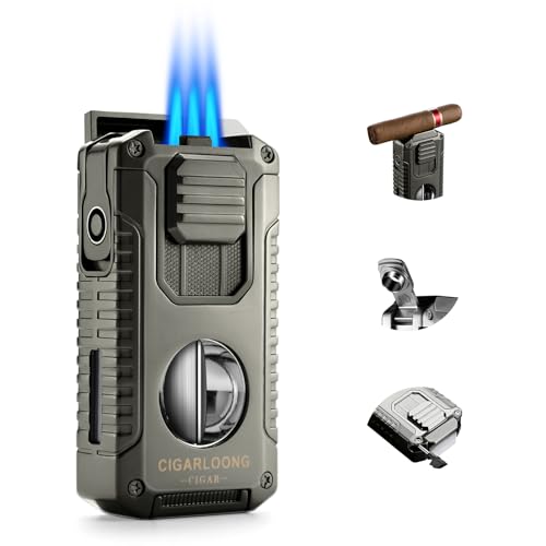 Briquet Tempête, 5 en 1 Triple Jet Flamme Briquets avec Couteau en V, poinçon, Aiguilles pour cigares, Le Support, avec fenêtre de gaz Visible, Boîte...