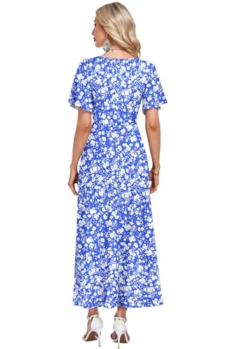 AUSELILY Boho Kleid Damen Lang Bodenlang Hohe Taille Lässiges Lockeres Sommerkleid mit Taschen Blaue Blumen XL 5