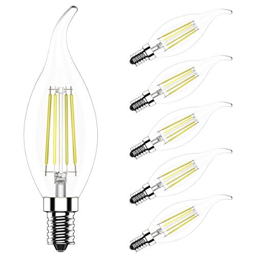 Ziefgn 5X E14 Ampoule Filament LED 4W Ampoule Edision Lampe C35 Bougie LED Flame Tip Blanc Froid 6000K 400LM Équivalent à Lampe Halogène 40W AC220-240V Cover