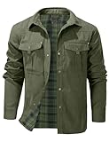 Flygo Mens Flannel Lined Shirt Jacket Lightweight Snap Button Western Jacket Rugged Outdoor Cowboy Shirts Jackets(ArmyGreen-XL)