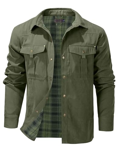 Flygo Mens Flannel Lined Shirt Jacket Lightweight Snap Button Western Jacket Rugged Outdoor Cowboy Shirts Jackets(ArmyGreen-XL)