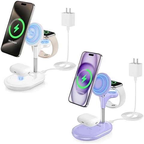 Hevanto 3 in 1 Mag-Safe Charger Stand for iPhone 15 14 13 12, AirPods and Apple Watch - 2 Pack (White and Purple) Cover
