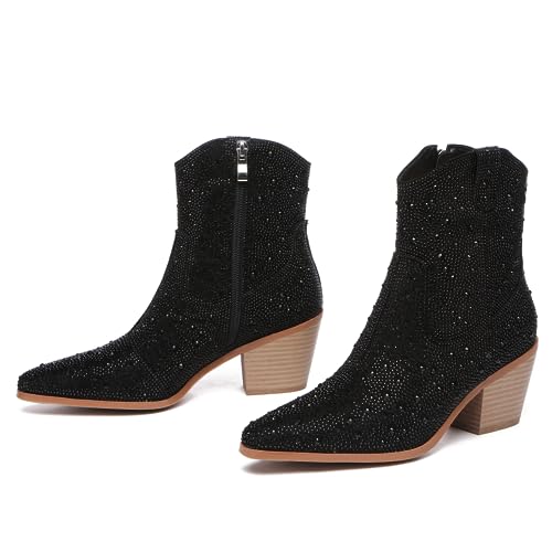 Image of olomisa Rhinestone Booties for Women, Sparkly Cowgirl Boots Pointed Toe Chunky Heel Rhinestone Cowboy Ankle Booties