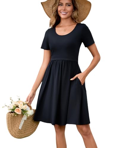 QINYI Womens Nursing Dresses Breastfeeding Summer Comfortable Cotton Short Sleeve Breastfeeding Dress with Pockets (US Alpha Large Regular Regular Black)