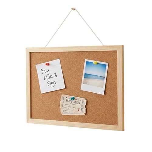 Small Cork Notice Pin Memo Board with 2 Pushpins and Hanging Thread - Wall Hanging Bulletin Board for Office, Classroom or Home Classic Wooden Frame - Message Reminder Pushpin Board - 28.5cm x 21.5cm