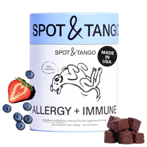 Spot & Tango Allergy + Immune Supplement for Dogs - Vet-Approved For Itchy Skin & Allergy Relief - Wild Alaskan Salmon Oil Omega-3 Primrose Oil Biotin - Real Strawberry & Blueberry Flavor 56 Count