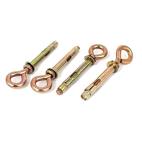 Sourcingmap Wall Concrete Brick Expansion Screws Closed Hook Bolts 12mm Dia Sleeve 4 Pcs, Gold Tone