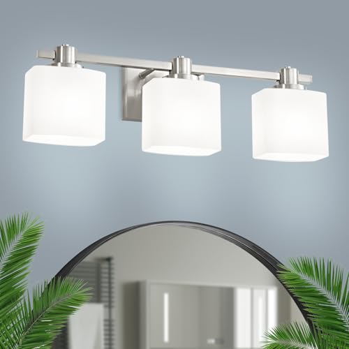 Image of Bathroom Light Fixtures Over Mirror Bathroom Vanity Light Silver Modern Industrial Makeup Lighting Wall Sconce Farmhouse Rustic Milk Glass Lamp Desk Sink (Brushed Nickel, 23 Inch, 3 Light)