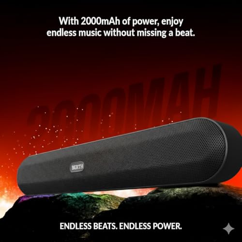 Image of BERTH Venero SB75 16W Bluetooth Soundbar | 2.0 Channel | 2000 mAh Battery | BT v5.3 | TWS Pairing | Dual Passive Radiators | AUX /FM /TF | RGB Lights | Up to 7 H Playtime | Wireless Bluetooth Speaker