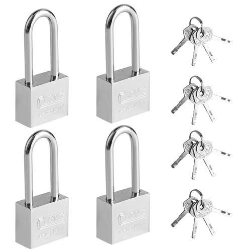 Paquete de 4 candados de grillete largo resistentes con llaves, cerradura resistente a la intemperie para cobertizo, casillero de gimnasio, valla, puerta, garaje y maleta, acceso seguro con llave para