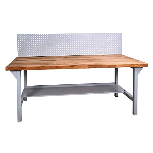 HEMMDAL PRO Werkbank Typ XL mit Lochwand | 300 kg Tragkraft | HxBxT 85 x 200 x 75 cm | Lichtgrau | 5 cm Starke Massivholz-Arbeitsplatte | stabiles Stahlgestell | Made in EU | Profi-Werktisch