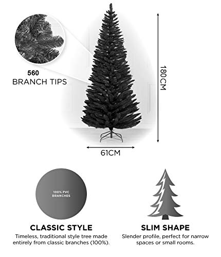 TrendMakers 6ft Black Pine Pencil Slim Artificial Christmas Tree | 560 Branch Tips | With Metal Stand