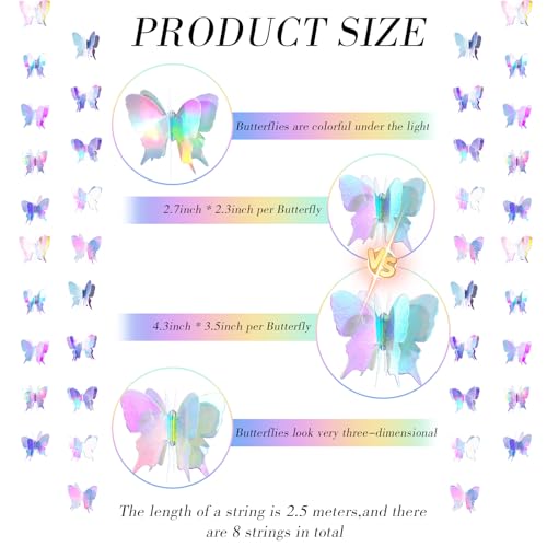Image of Zonon 8 Pcs 3D Butterfly Garland Party Decor, 8.2 Ft,4.3 x 3.5 Inch