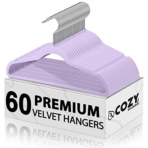 Cozymood Purple Velvet Hangers - 60 Pack, Non-Slip Premium Felt Hangers, Strong & Sturdy, Space Saving, No Shed, 360 Rotating Hook