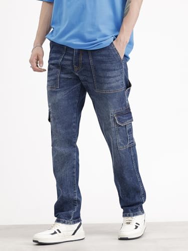 Image of WROGN Men's Cotton Stretch Cargo Jeans | Solid | Straight Fit