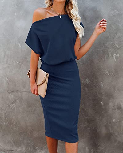 Image of EZBELLE Women's Summer Dress Off The Shoulder Short Sleeve Ribbed Casual Party Bodycon Midi Dresses
