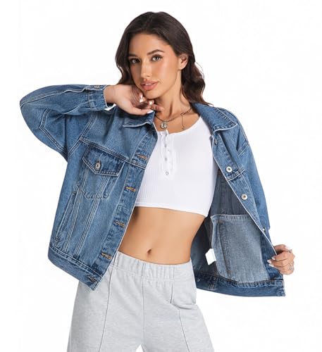 Women's Denim Jacket Loose Relaxed Fit with Pocket Trucker Jean Jacket Coats3