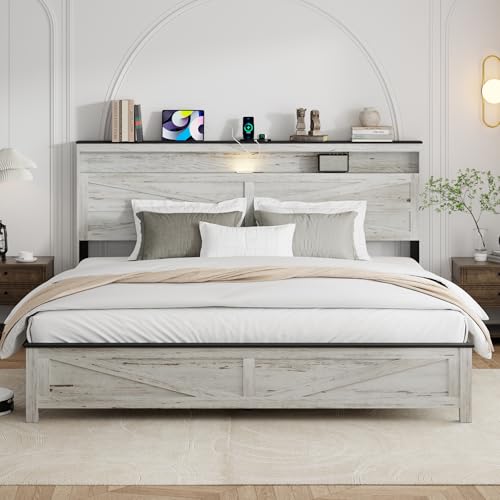 PAUKIN King Size Bed Frame with Headboard, Rustic Farmhouse Wood Bed Frame with LED Lights and Charging Station, Easy Assembly, No Box Spring Needed (White, King) PAUKIN King Size Bed Frame with Headboard, Rustic Farmhouse Wood Bed Frame with LED Lights and Charging Station, Easy Assembly, No Box Spring Needed (White, King) - Image 1