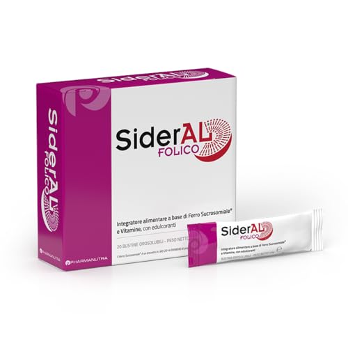 SiderAL Folico, Integratore alimentare con Ferro Sucrosomiale®, Quatrefolic®, Vitamine D3 e B12 Sucrosomiali®, Donne in Gravidanza, Allattamento, Ciclo mestruale, 20 bustine orosolubili, Pharmanutra