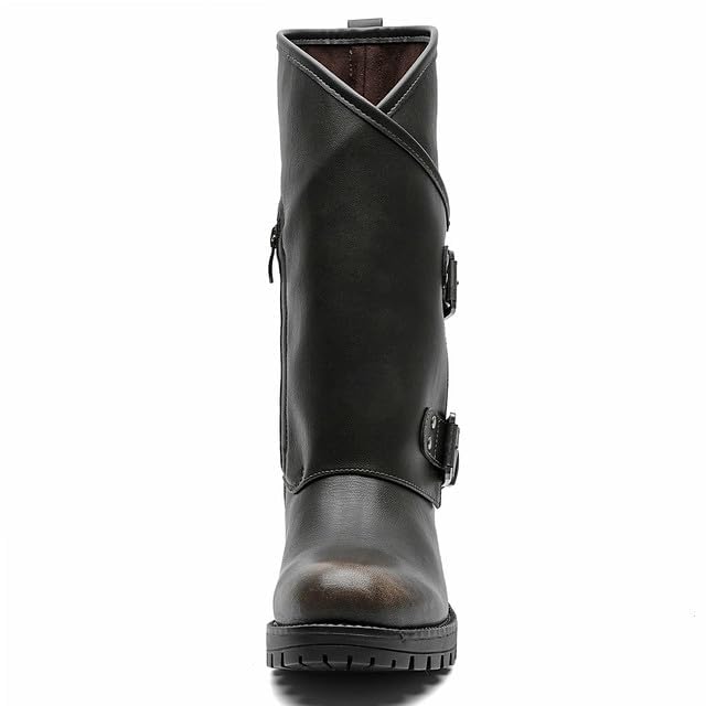 GLOBALWIN Women's Motocycle Boots Distressed Brown Boots For Women Fashion Dressy Mid Calf Comfortable Chunky Heel Size 5.5M - image 5