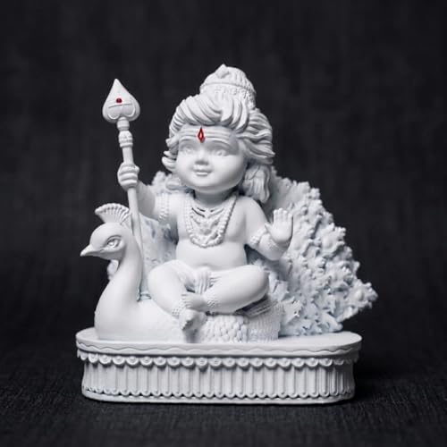 Image of Lord Murugan Idol | Bal Kartikeya /Skanda /Subrahmanya Swamy Statue with Peacock | for Mandir, Car Dashboard, Home Temple, Office Desk & Home Decor & Spiritual Gifting (Matte White)