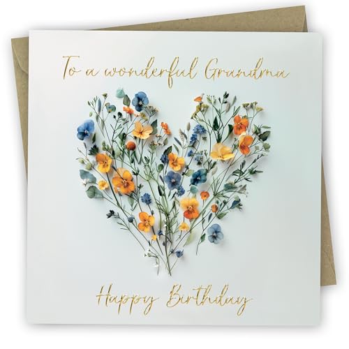 Birthday Card for Grandma. Heart of Flowers Design with Gold Foiled text. 150x150mm supplied with Envelope. Eco-friendly. Message inside. Made in Britain.