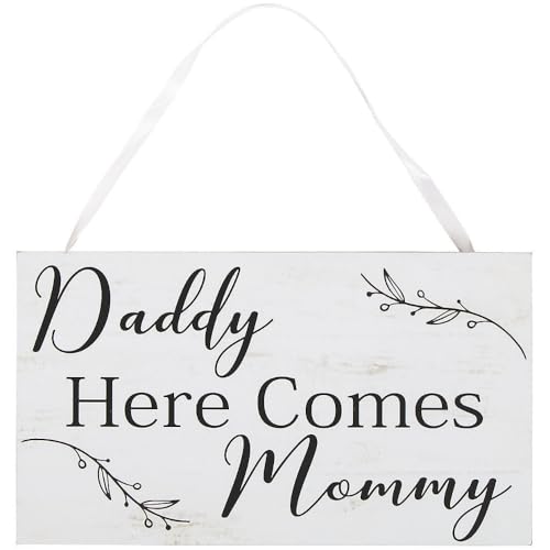 Daddy Here Comes Mommy Wedding Sign - Wood with Ribbon Handle - Ring Bearer Sign and Decor