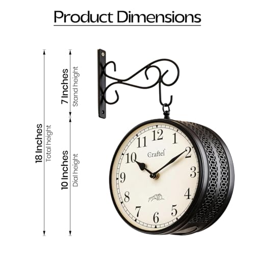 Image of CRAFTEL Double Sided Station Wall Clock Powder Coated | Both Side English Numerals | Aluminum Matte-Finish Dial | Dial - 10 Inches, Matte Black | 365 Days Warranty