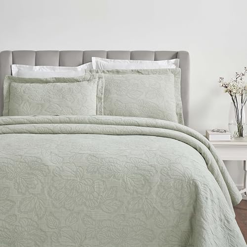 Superior 3 Piece Cotton Bedspread Set, Home Bed Decor, Decorative Bed Spread, 2 Pillow Shams, Medium Weight Blanket, Matelasse Coverlet, Bedding Essentials, Hibiscus Collection, King, Sage