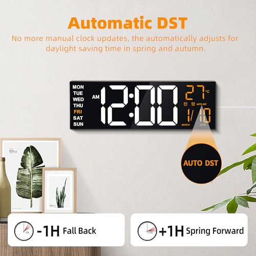 Image of Maxstar 16 inch Large Digital Wall Clock with 8 RGB Led Display & Remote Control, Loud Dual Alarms,5-Level Dimmer, Auto-DST, Temperature,Date,Night Light for Bedroom /Office /Living Room /Shop /Gym /Game Room