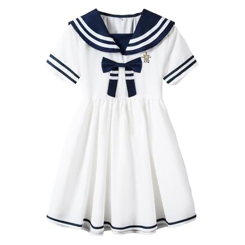 SHOOYING Girls Short Sleeve Preppy Style Sailor Uniform Dress Back to School Summer Kids Dress,White, Size 3-4 Years/Tag 110 Cover