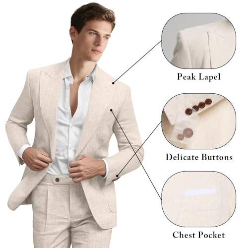 Linen Suit for Men 2 Pieces Summer Casual Suits Slim Fit Groomsmen Tuxedos Beach Wedding Party Blazer Pants Set, Beige, XS2