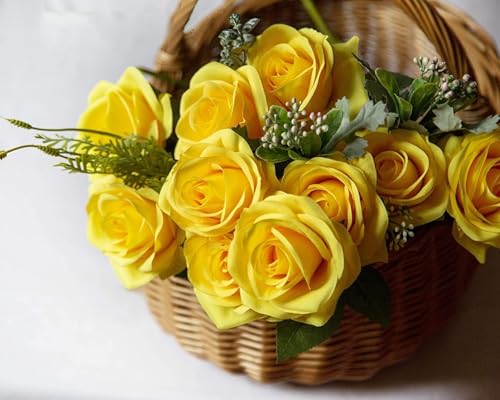 Image of Dekorly Artificial Fake Roses Flowers - 10 Pcs Fake Artificial Roses Silk Flowers with Stems for Home Room Tabletop Wedding Hotel Office Centerpiece Decor | Height 18 Inch (Yellow)